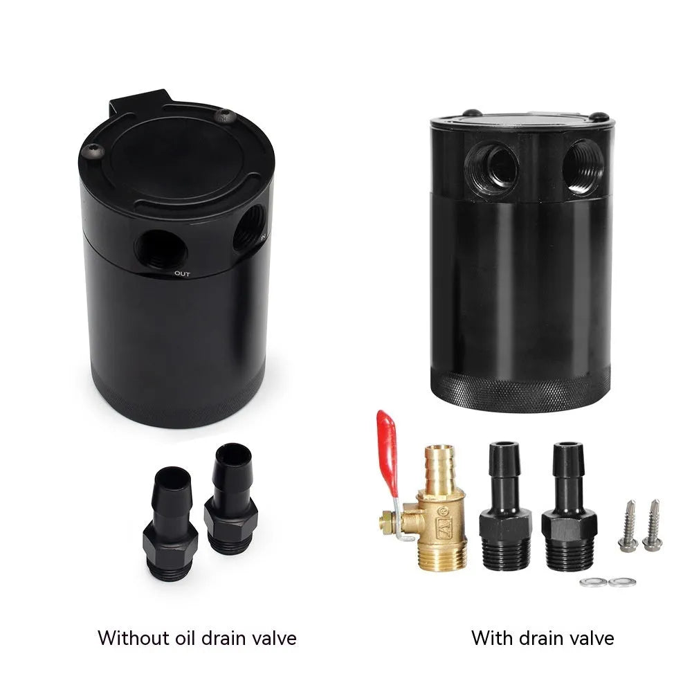 Aluminium automotive oil pot in black or silver with two-hole mounting and optional drain valve