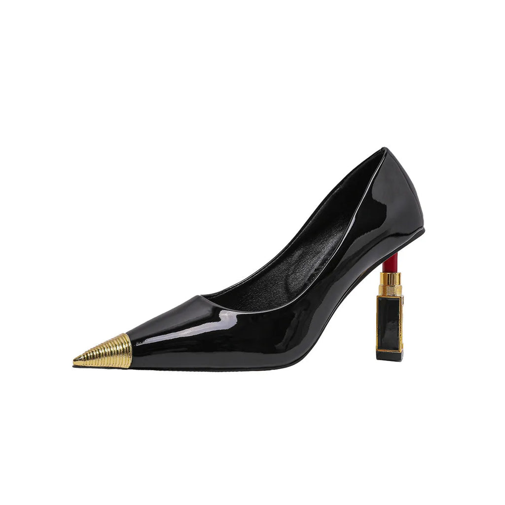 Red and black pointy peep-toe stiletto pumps with metal toe caps, slip-on PU upper and rubber sole, sizes 35-40