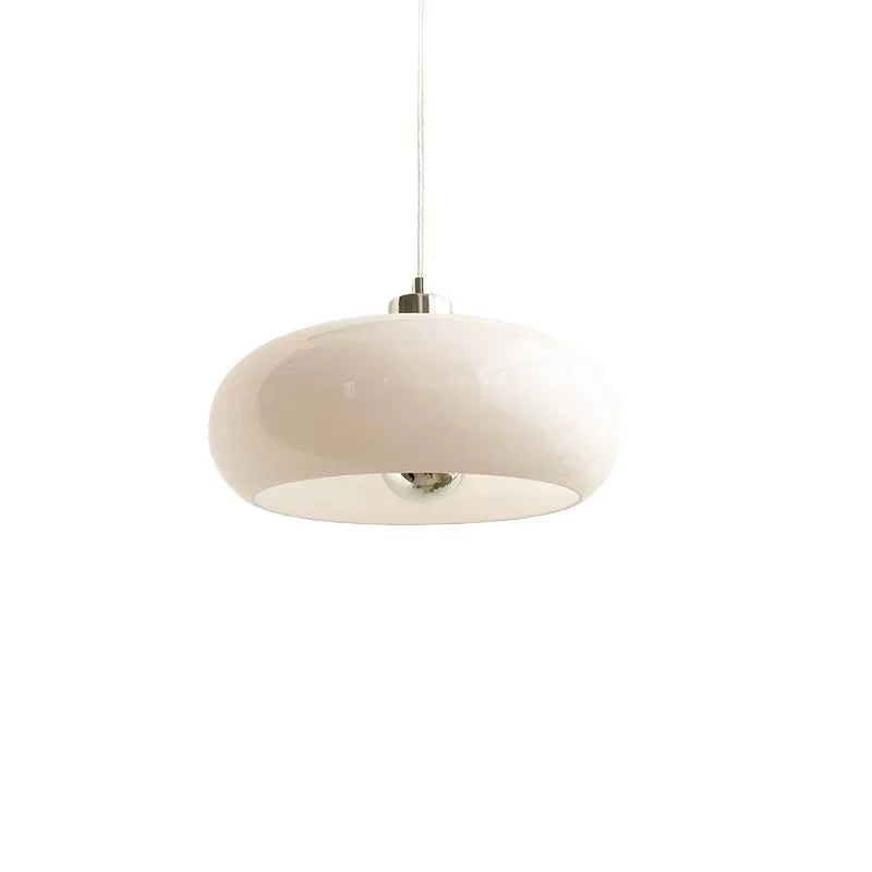 Bauhaus pendant light with three egg tart glass shades in milk white finish