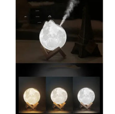 Wood finish Lunar humidifier night light with spherical design on a table.