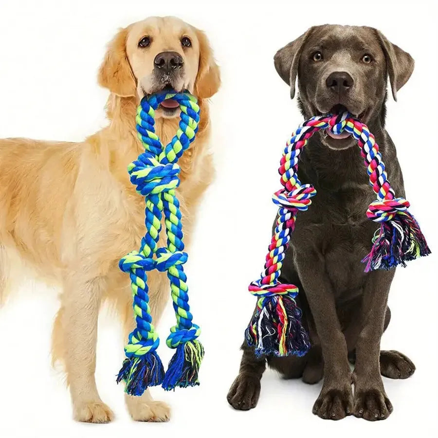 Heavy-duty cotton rope knot dog toy for large breeds, 77cm long, with four or five knots for chewing and tug of war.