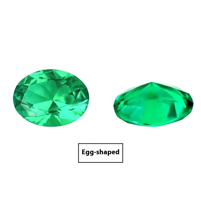 Synthetic emerald gemstone in Columbia green treasure colour showing round and rectangular cut options.