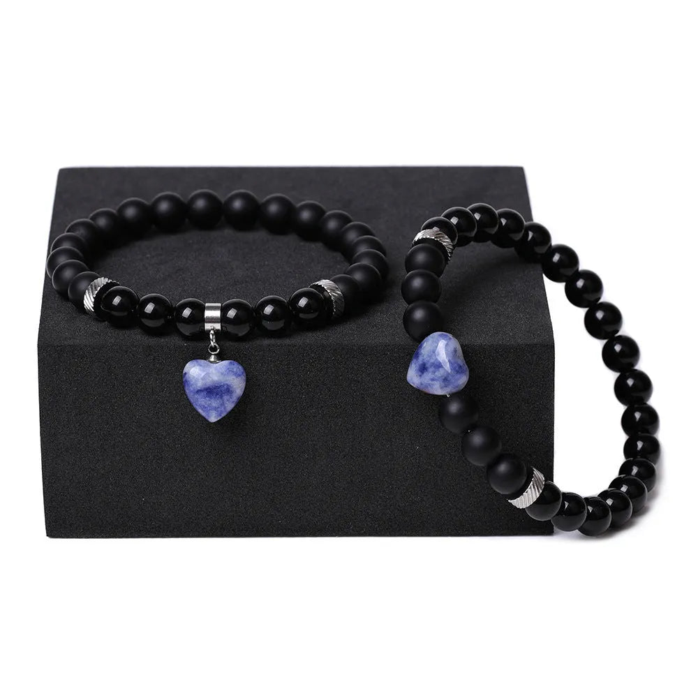 Natural stone couple matching bracelets with polished heart pendants in multiple colour variations