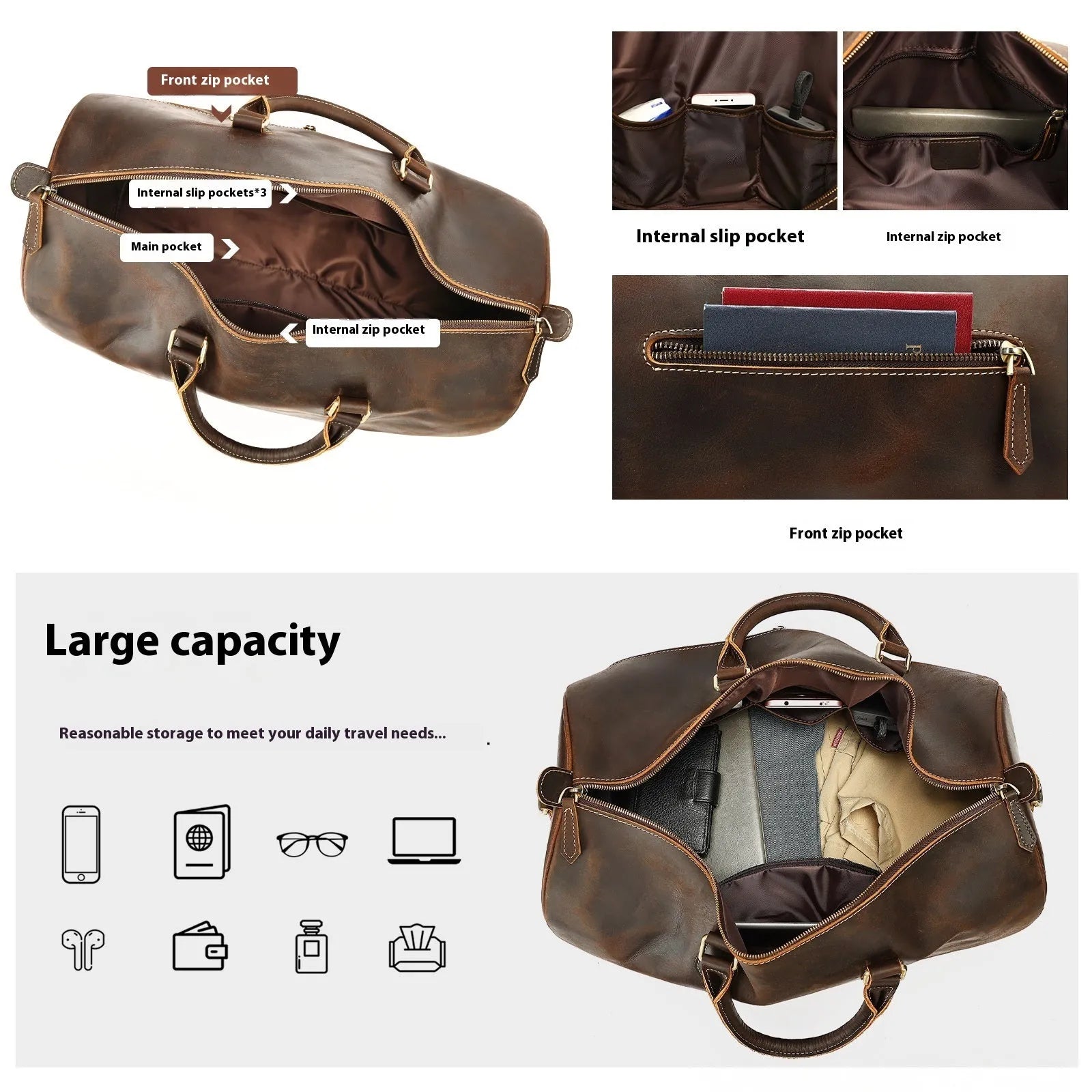 Genuine leather vintage crossbody bag showing 48.3cm width large capacity interior with polyester cotton lining