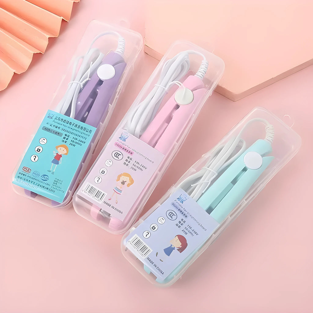 Mini hairdressing splint straightening iron for air bangs with colour-coded storage box options