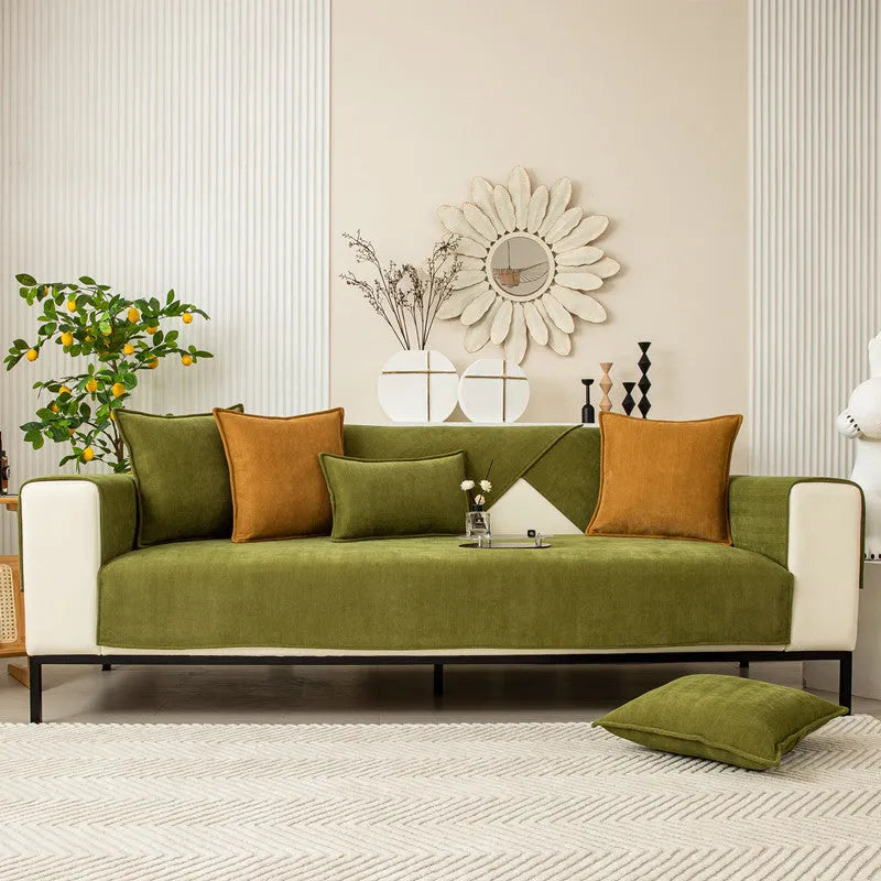 Thickened chenille sofa cover in solid colour haze blue for couch and cushion protection