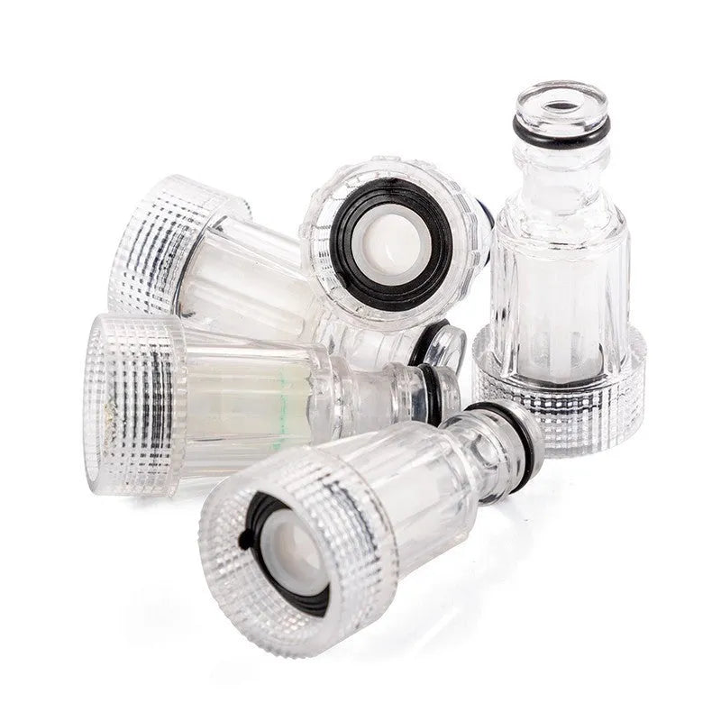 Transparent plastic inlet joint and filter screen for Karcher pressure washers showing clear construction and 3cm diameter