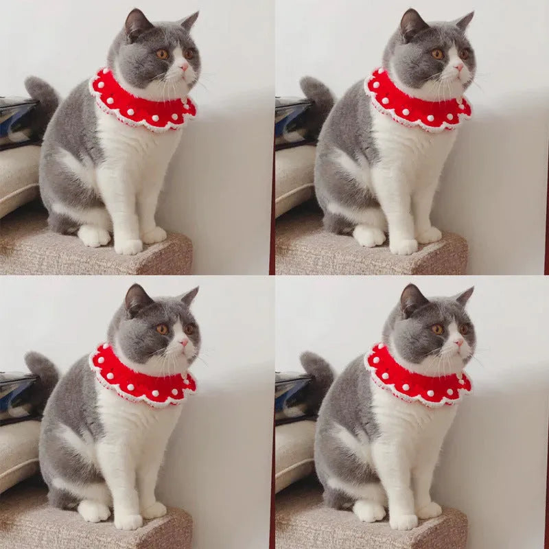 Knitted milk cotton pet collar with cartoon pattern, shown in various sizes for cats, dogs, and rabbits.