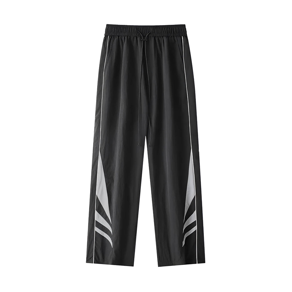 Men's straight leg loose-fit casual trousers in grey on a hanger.