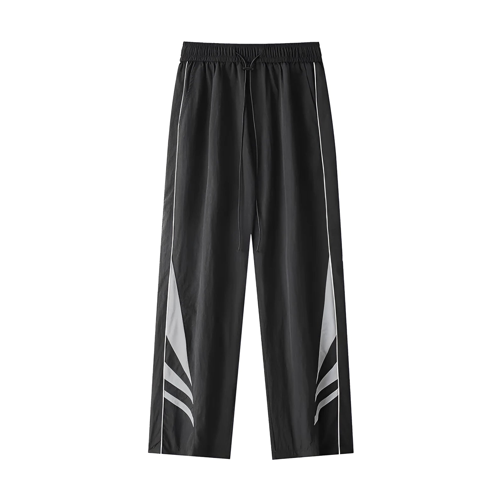 Men's straight leg loose-fit casual trousers in grey on a hanger.