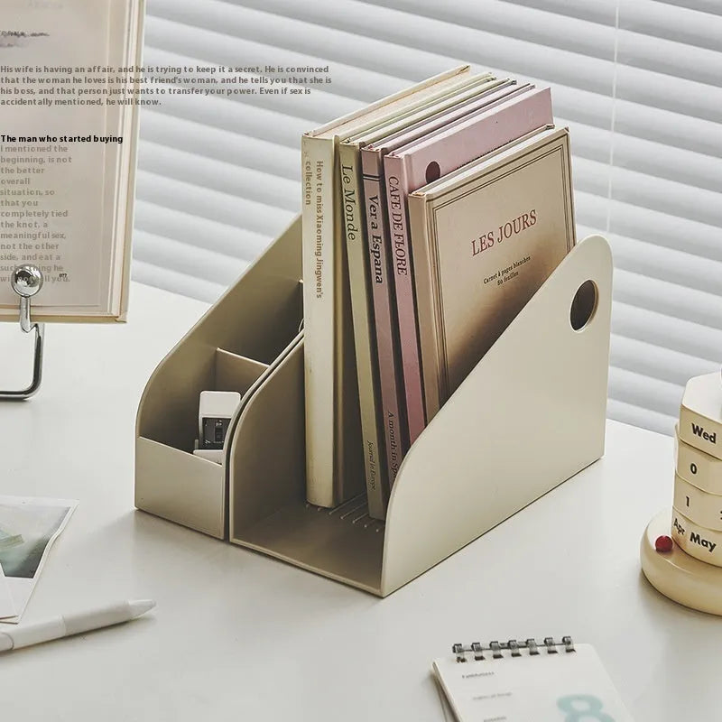 Milk coffee coloured two-tier plastic desktop storage box for stationery and documents