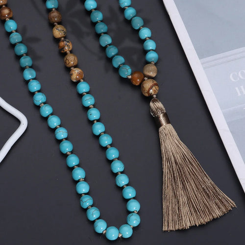 108 Mala necklace with blue pine painted turquoise beads on spherical beaded chain
