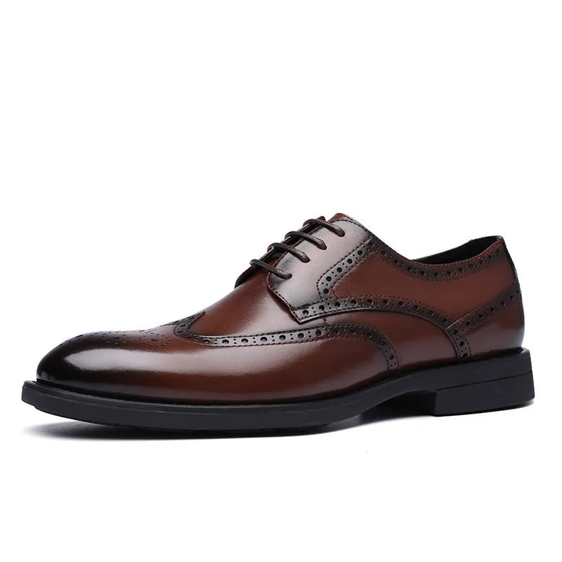 Men's black and brown brogue business shoes with a PU leather upper on a white background.