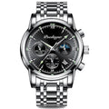 Men's waterproof luminous multifunctional watch with steel strap and black dial showing calendar