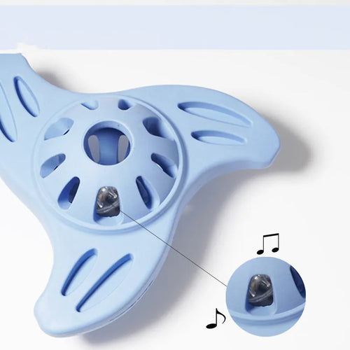 Blue boomerang-shaped dog toy for medium and large breeds on white background
