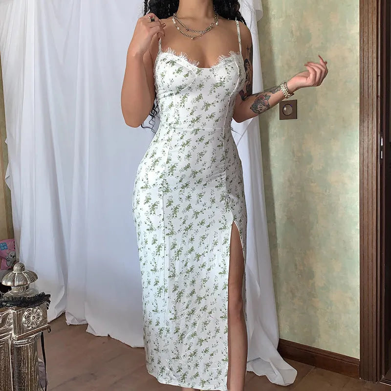 Women's lace flowers print long dress with suspender straps and side slit design
