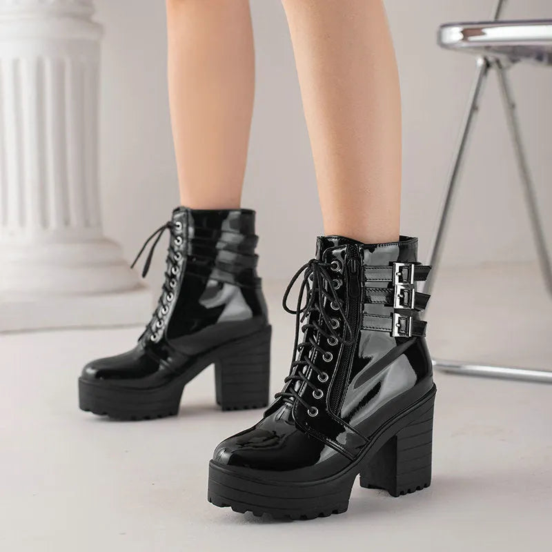 Women's black thick-heeled short boots with lace-up front and waterproof platform