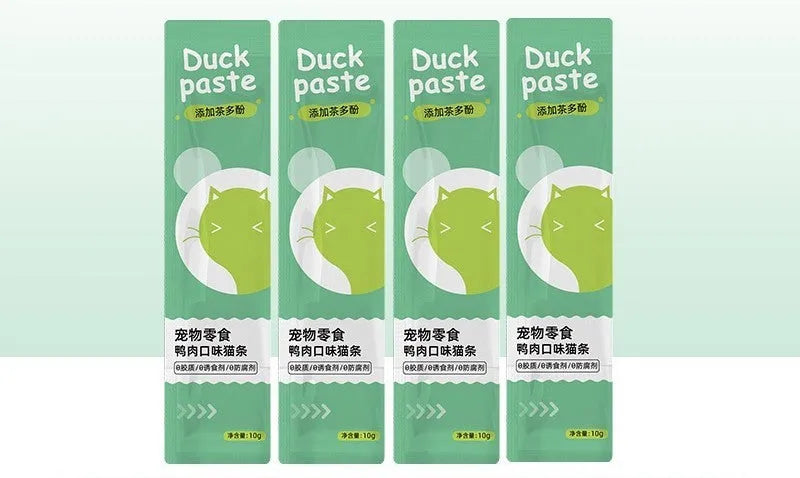 Cat strip snacks for kittens in childhood stage with four flavour varieties including chicken catgrass and tuna prebiotics