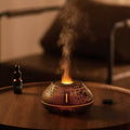 Flame effect aroma diffuser humidifier with colourful LED light, 130ml capacity, round shape, USB plug-in, white black or cracked black