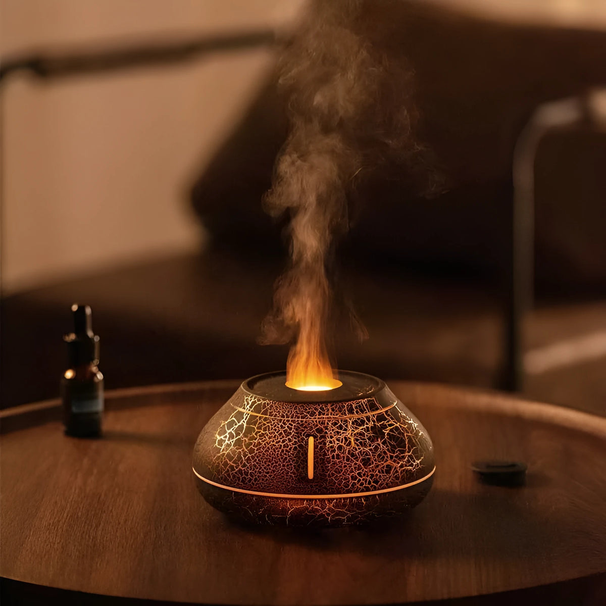 Flame effect aroma diffuser humidifier with colourful LED light, 130ml capacity, round shape, USB plug-in, white black or cracked black