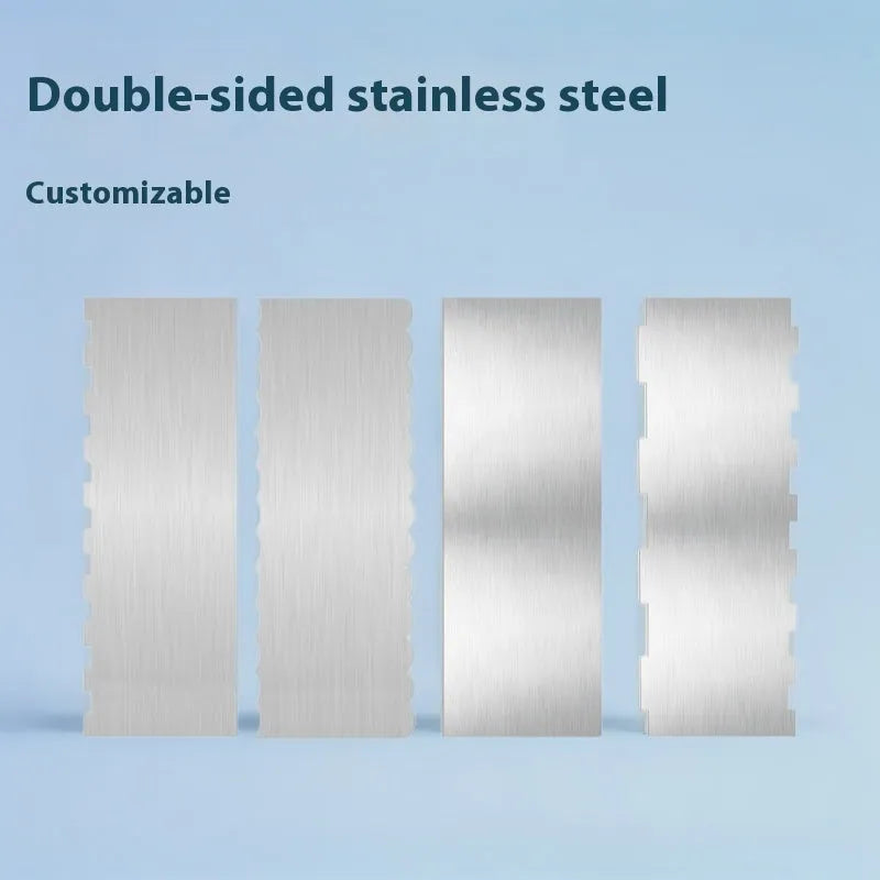 Stainless steel cake decorating scraper with multiple polygon-pattern heads for textured finishes.