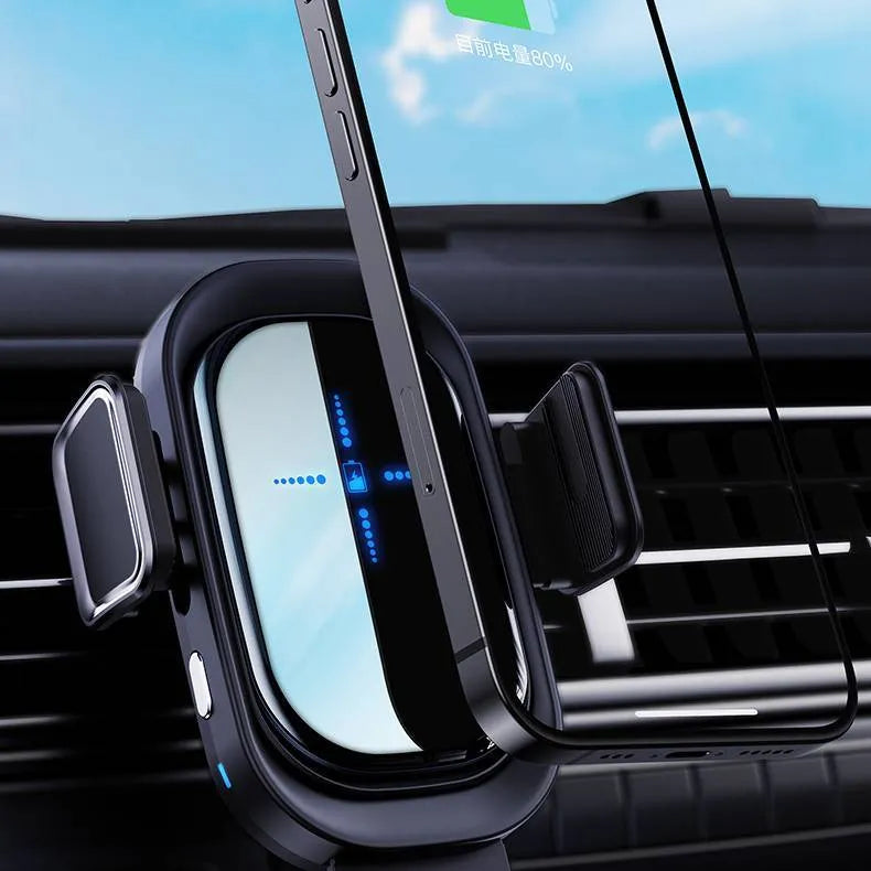 Black QI wireless car charger with suction cup holder and air outlet clip, 15W output, customisable luminous logo.