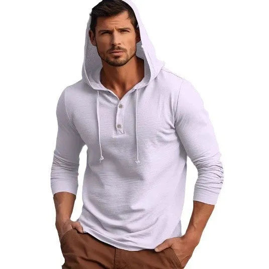 A dark blue cotton pullover hoodie with long sleeves on a hanger.