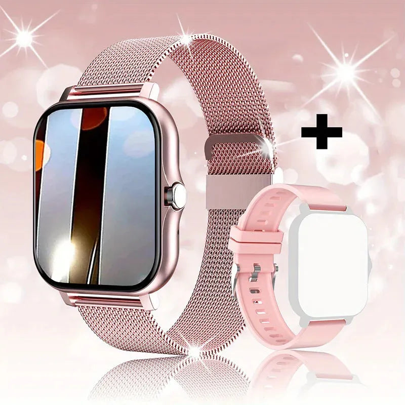 Smart watch with 1.44-inch touch screen showing heart rate and step count display on silicone wrist strap