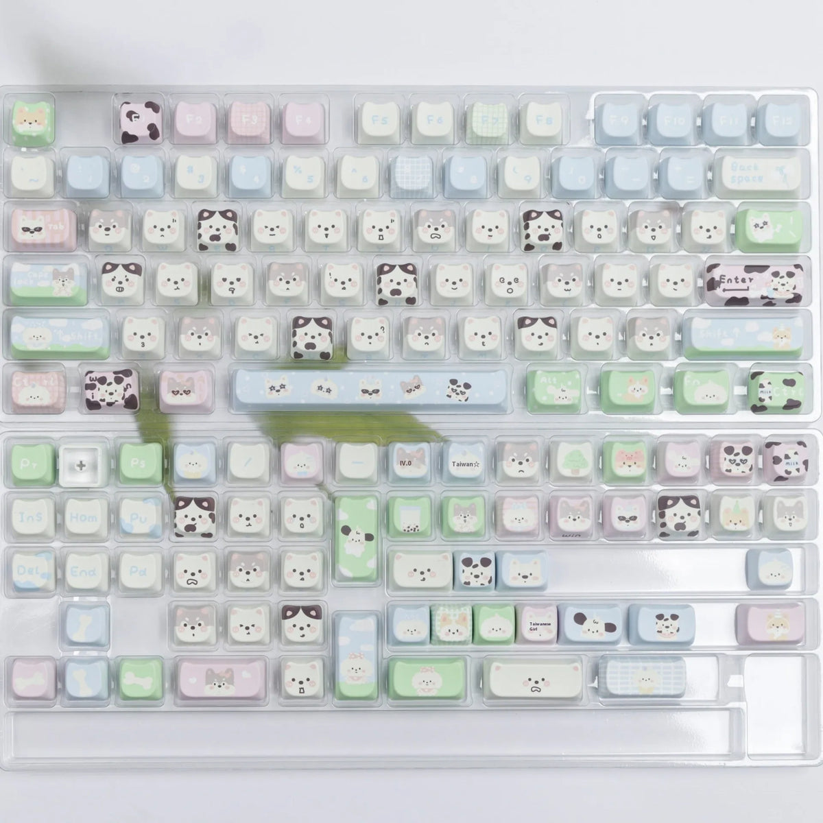 PBT plastic keycap set featuring colourful puppy design for mechanical keyboards