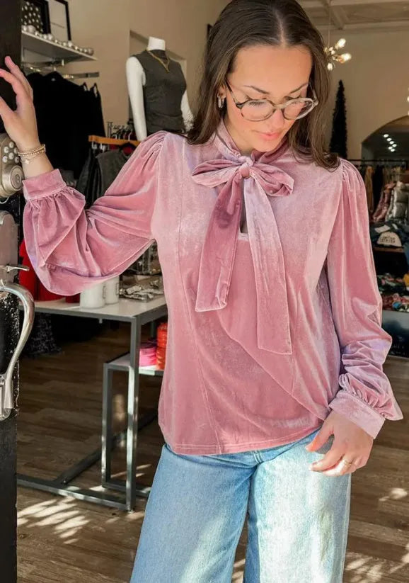 Fuchsia long sleeve blouse with velvet ribbon bow knot, 100% polyester pink top, sizes S M L XL