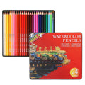 Iron box containing 24 water soluble coloured pencils in a wooden case.