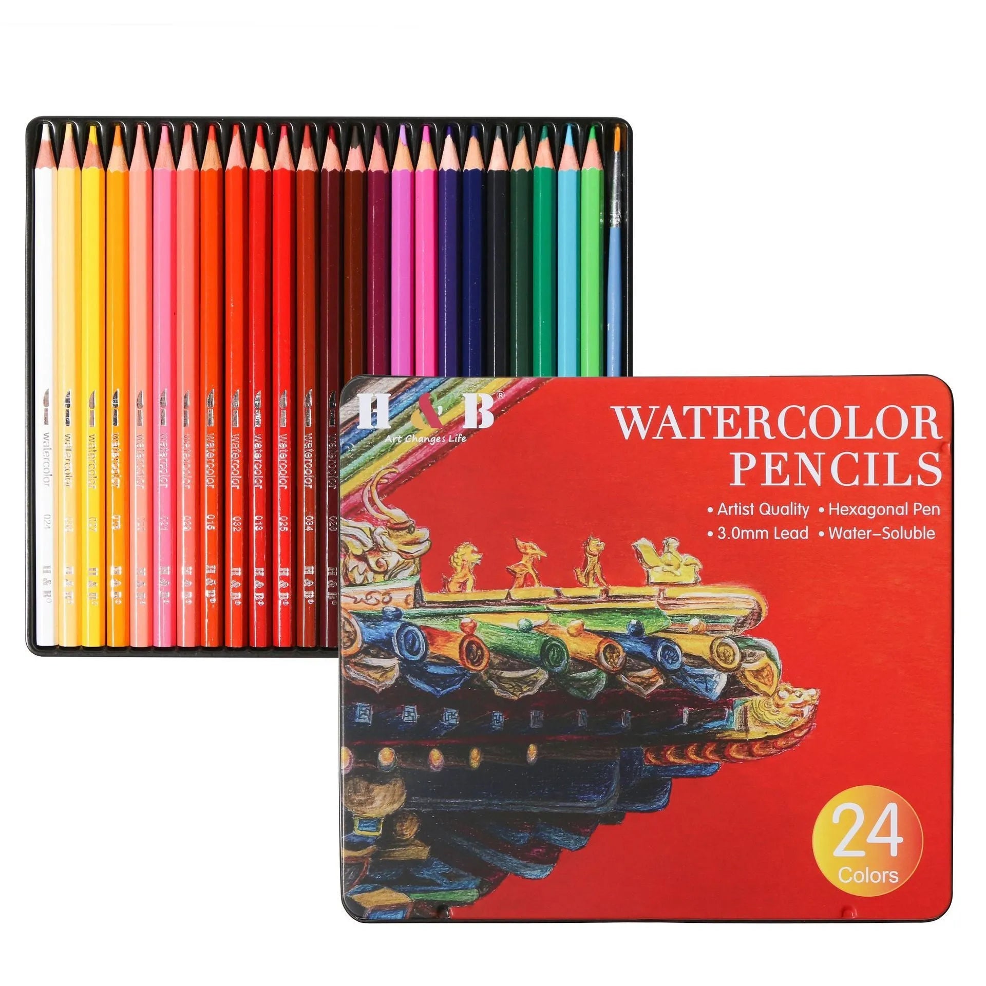 Iron box containing 24 water soluble coloured pencils in a wooden case.