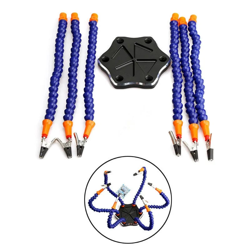 Black or purple aluminium alloy six-claw welding station with seven auxiliary arms for model soldering.