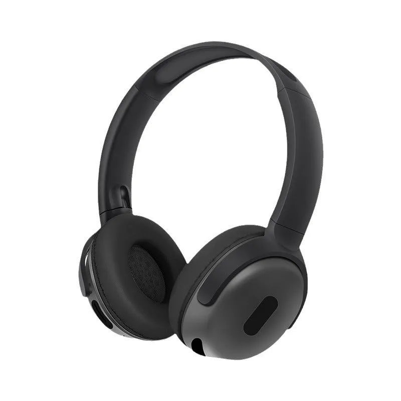 Foldable wireless Bluetooth headphones in black with over-ear design and folding hinge for travel storage