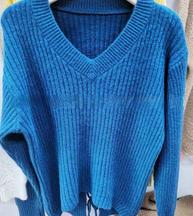 Women's cashmere blend tied V-neck sweater pullover in beige for street fashion casual wear