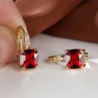 Square geometric ear hooks with round zircon inlays in gold, platinum, or rose gold finish