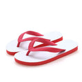 Fish-brand rubber flip-flops in green, red, blue, and black colours on a beach background