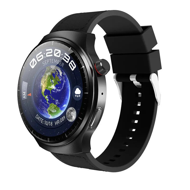 Smart watch showing blood pressure measurement and camera function with Bluetooth connectivity in black