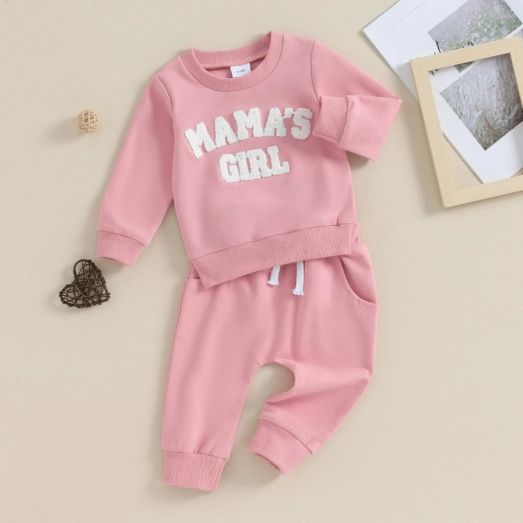 Baby girl solid colour cotton blend sweater with embroidered letters and matching long trousers suit in pink