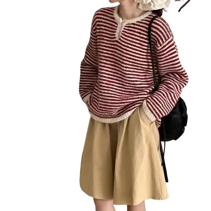 Women's red and blue striped cashmere sweater with plaid patterns and loose fit