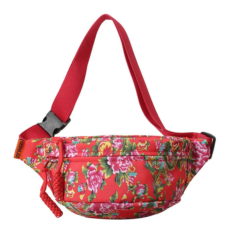 Western style women's waist bag with large flower design and contrast stitching in nylon