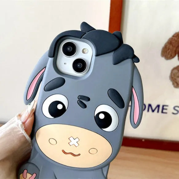 Gray silicone phone case with stereo cartoon little donkey design and epoxy finish for Apple iPhone