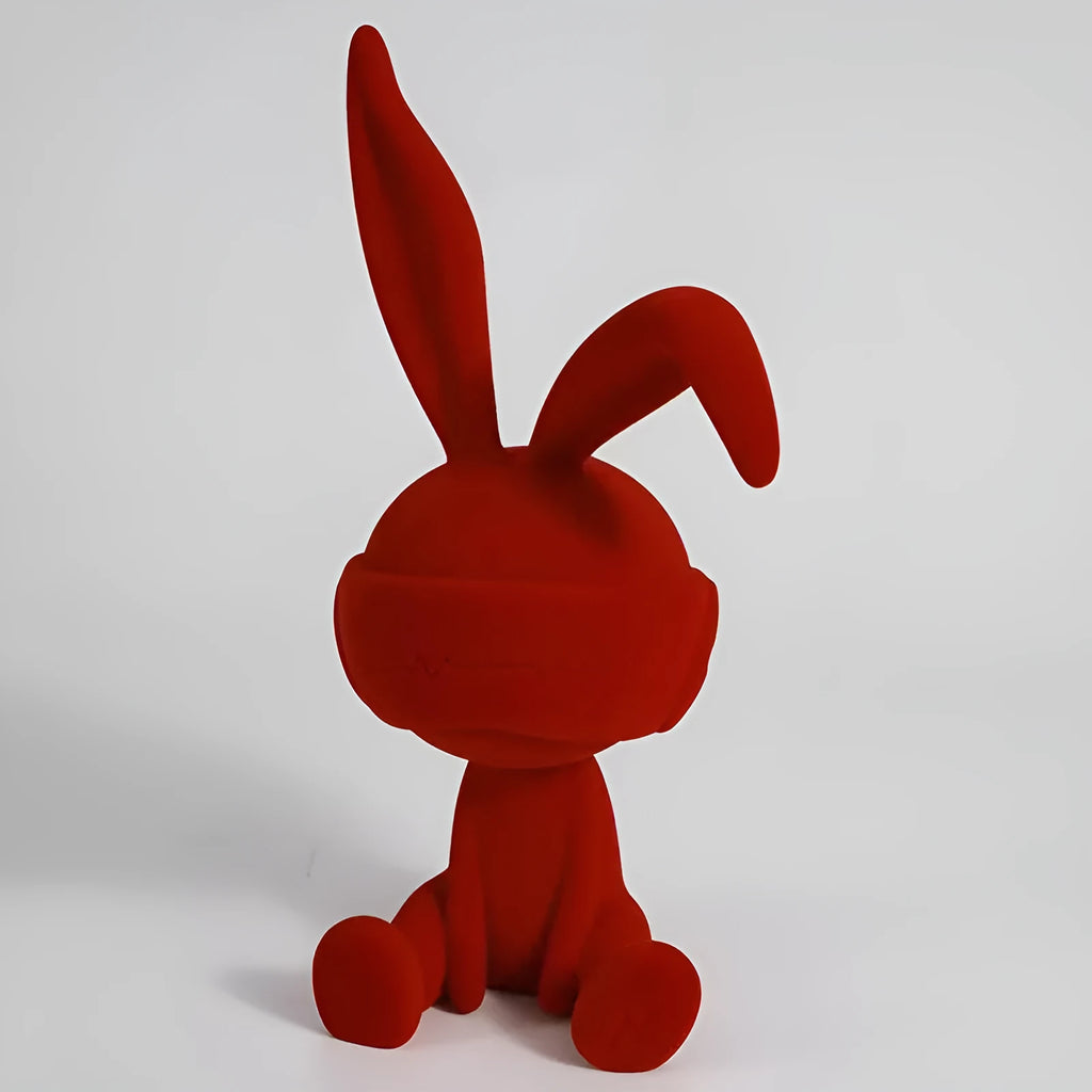 Suede blindfold rabbit resin table ornament in choice of blue, green, or red colours.