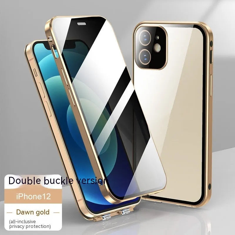 Glass privacy screen iPhone case with double-sided buckle, shown in black, blue, gold, green, and silver colour options.