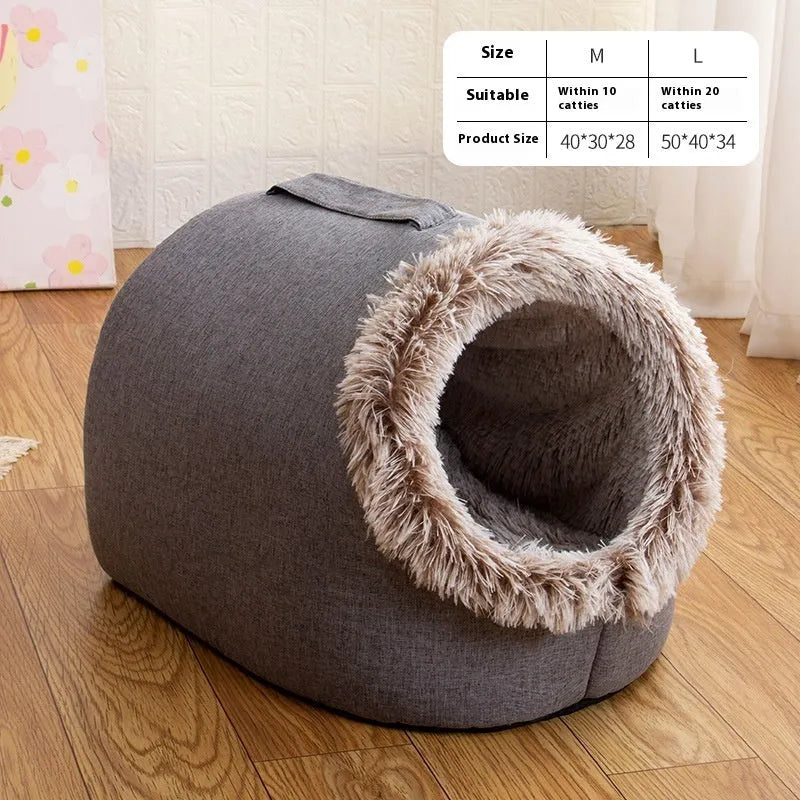 Fleece-lined cat nest closed sleeping bag for autumn and winter, portable, gray colour, size L, on floor