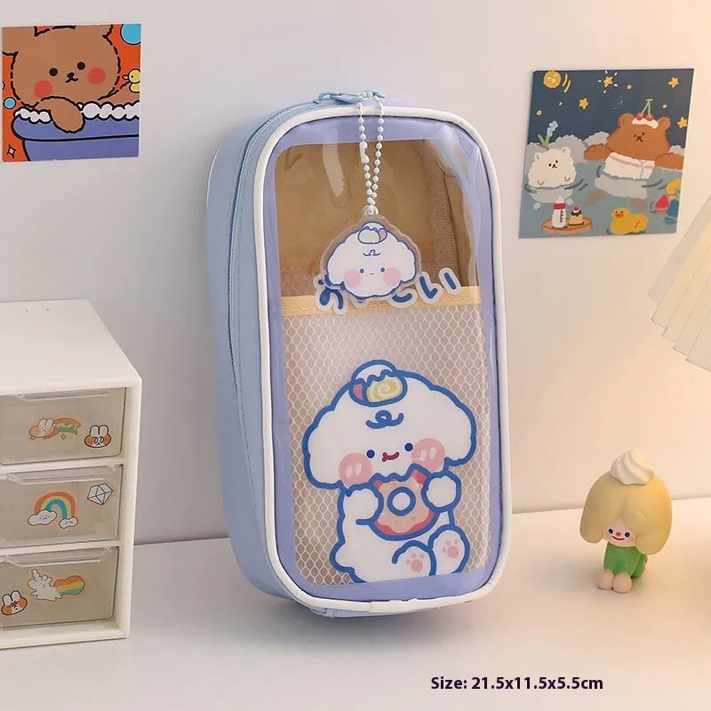 Transparent PVC pencil case with large capacity, featuring a cute Korean-style cartoon bear design.