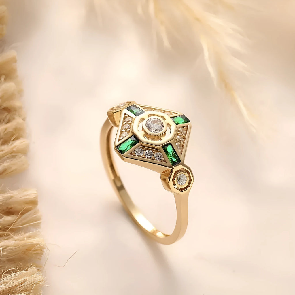 Square-cut lvzuan coloured gemstone ring on a silver-toned electroplated band.
