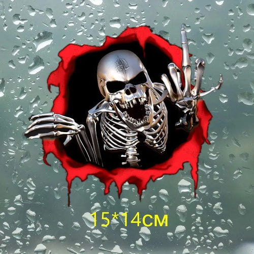 Reflective colourful broken shell peeping metal skull car sticker measuring 15x14cm