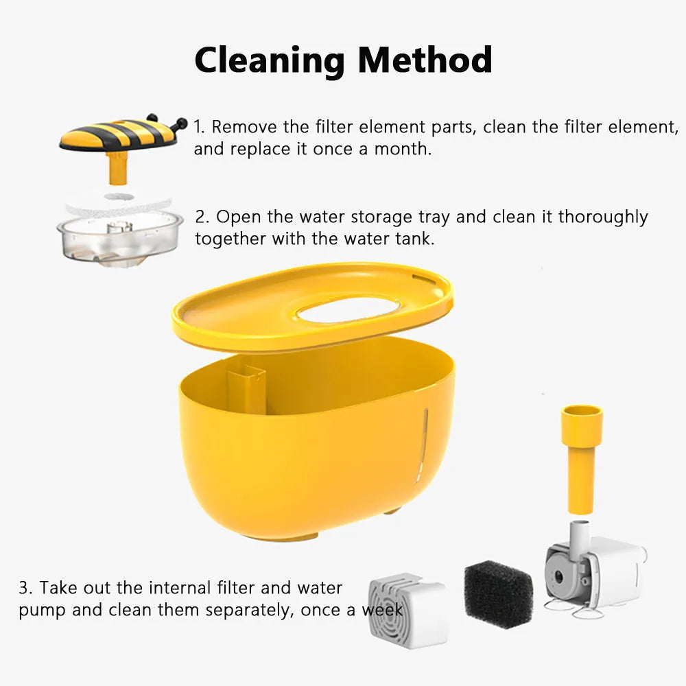 Yellow cat water fountain with filter system and blue LED light indicator