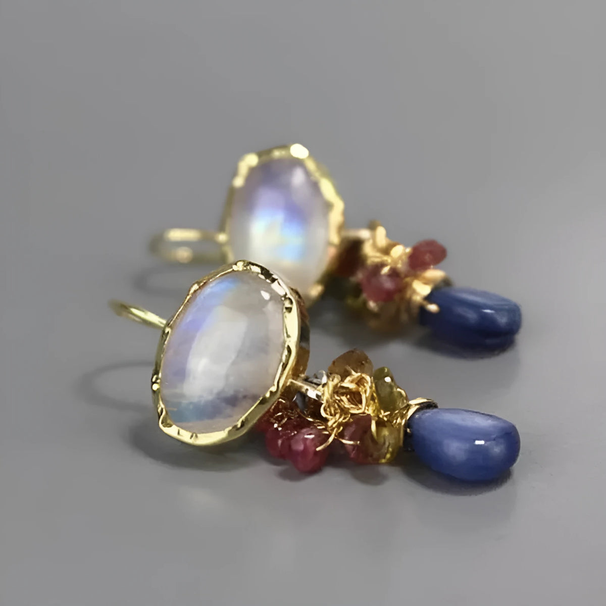 Pair of retro vertical drop earrings with coloured stones, copper geometric design, Style 1 or 2